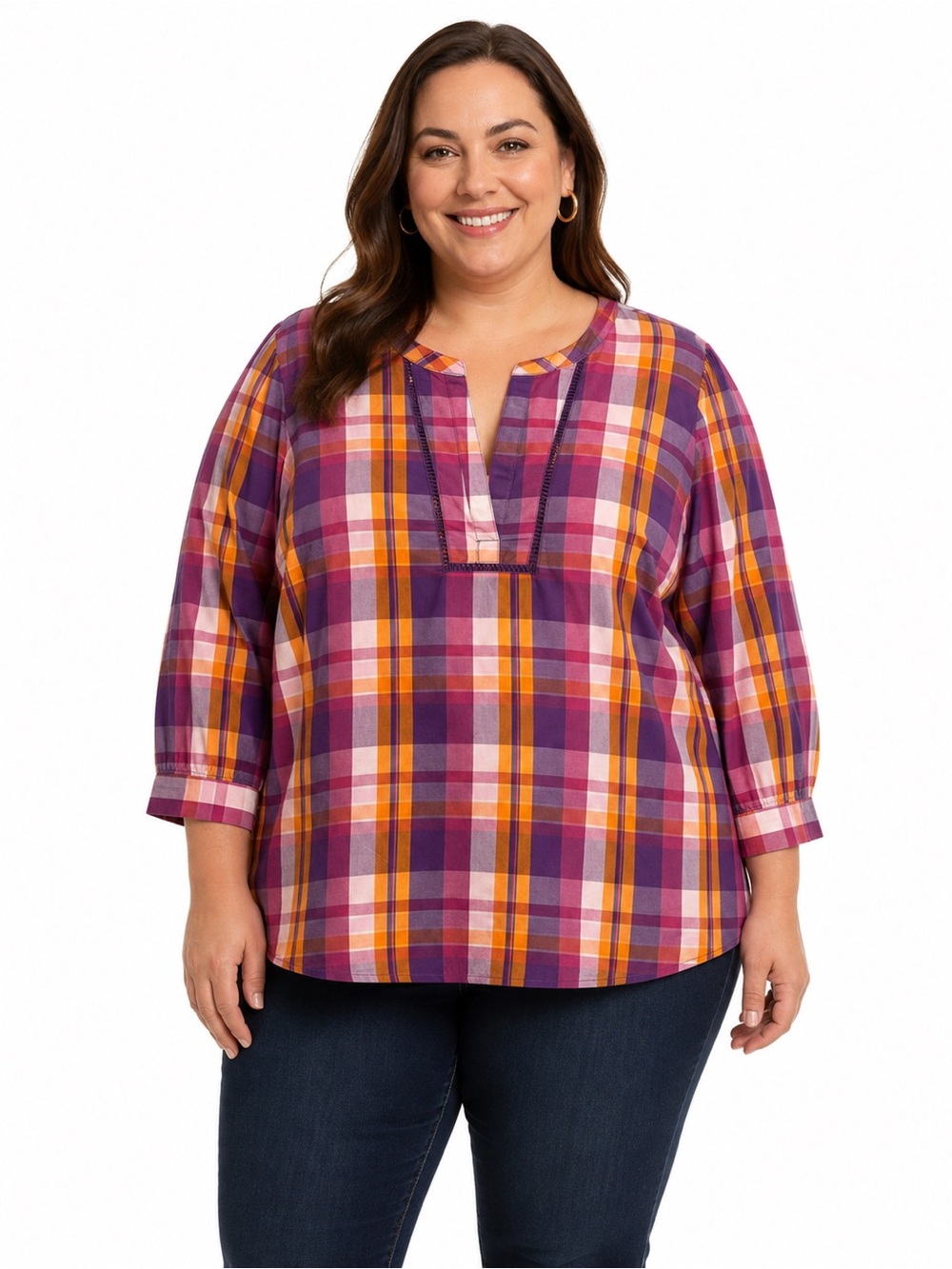St. John’s Bay Vibrant Plaid Split Neck Blouse Top 2X